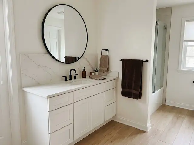 White vanity with a brown-veined top and matching backsplash (illustration)